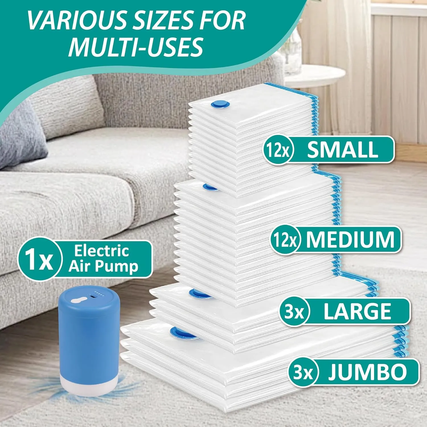 Vacuum Storage Bags with Electric Pump, 30 Pack (3 Jumbo/3 Large/12 Medium/12 Small) Vacuum Seal Space Saver Bags for Clothing, Pillows, Blanket, Bedding, Comforters