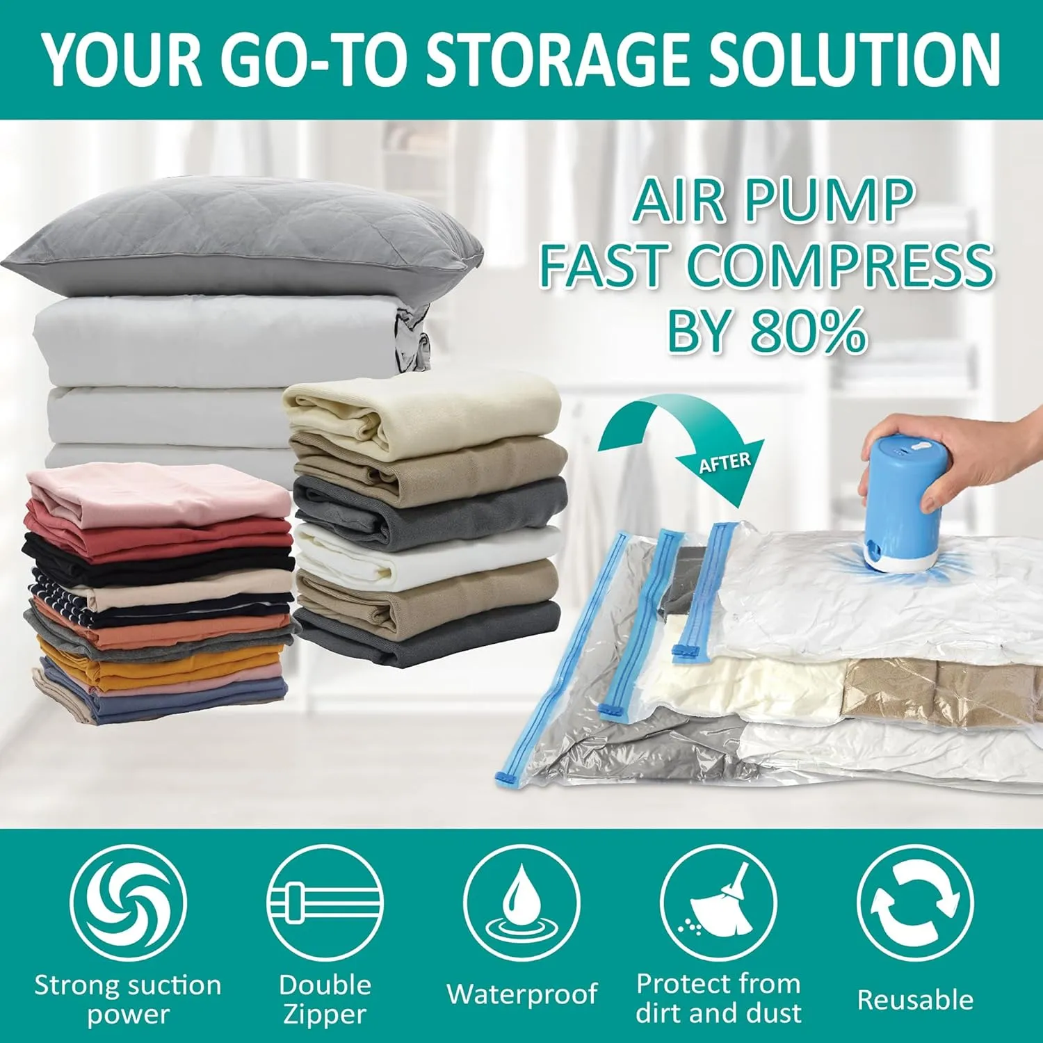 Vacuum Storage Bags with Electric Pump, 30 Pack (3 Jumbo/3 Large/12 Medium/12 Small) Vacuum Seal Space Saver Bags for Clothing, Pillows, Blanket, Bedding, Comforters