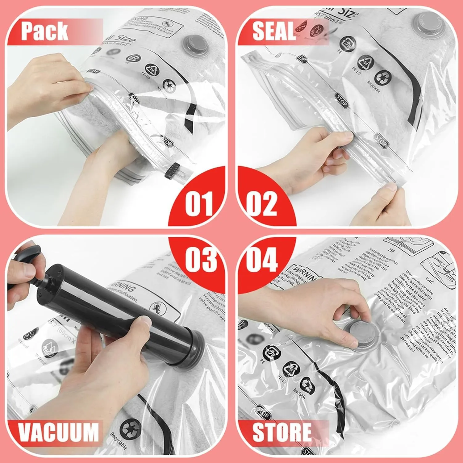 Vacuum Storage Bags,Vacuum Seal Bags for Clothing with Hand Pump,Vacuum Sealer Bags for Clothing/Comforters/Blankets （6 Jumbo）
