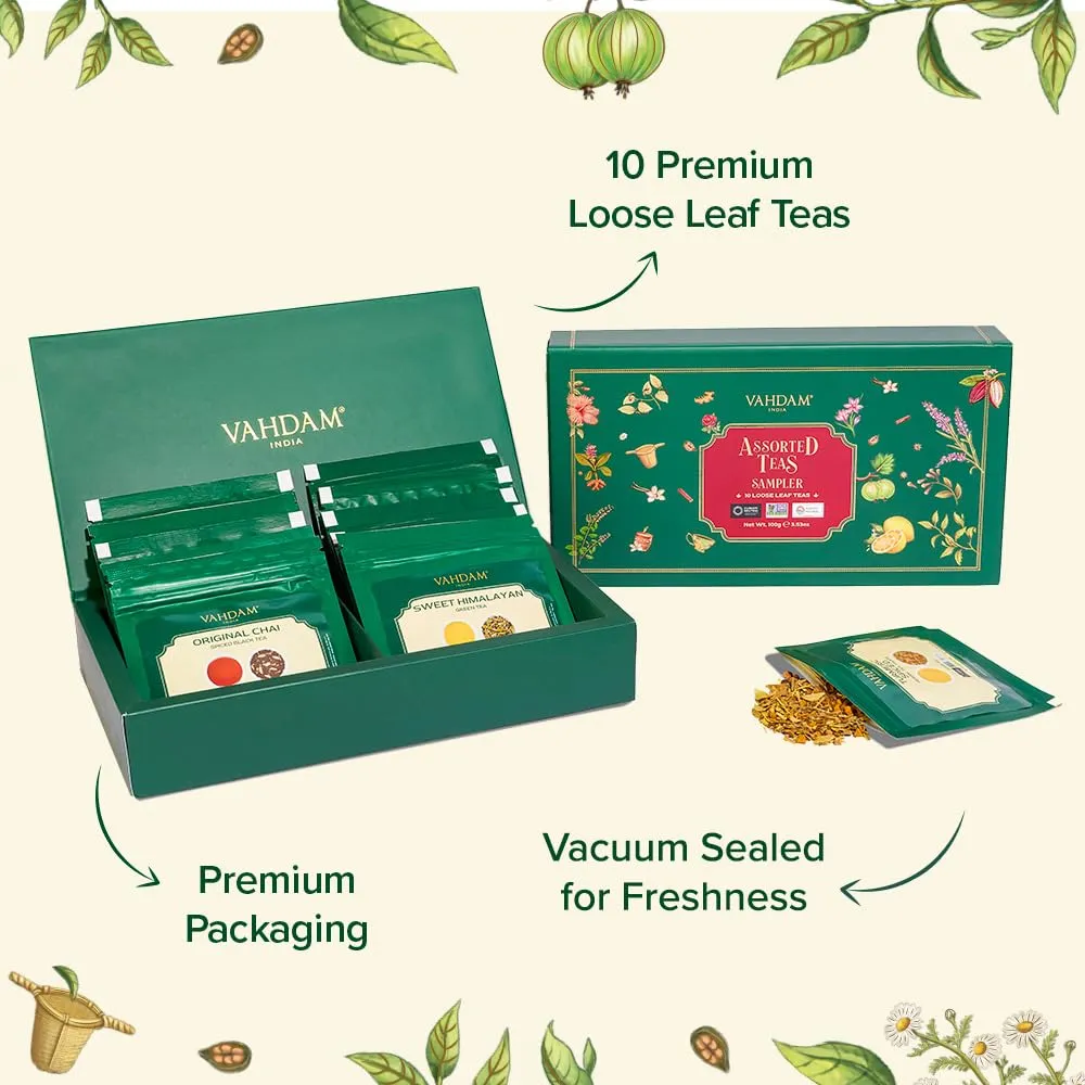 VAHDAM, Assorted Loose Leaf Tea Gift Set (10 Flavors) Gift Ideas for Women & Men | Herbal Tea, Green Tea, Chai Tea & Black Tea Sampler| Non-GMO, Gluten Free | Gifts for Him/Her