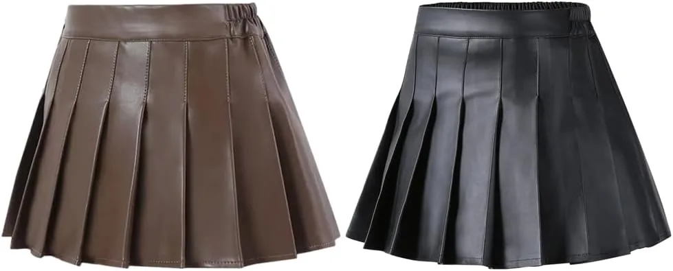Valcatch Girls Faux Leather Pleated Skirt School Uniform Mini Skirts Flare Skort with Shorts Lined for Toddler Kids Teens