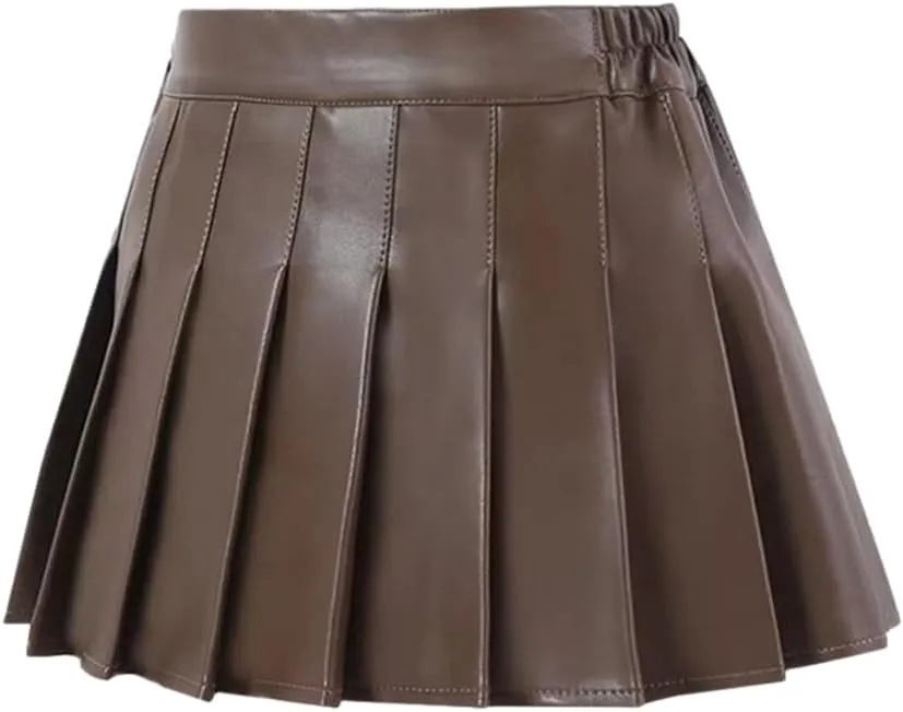 Valcatch Girls Faux Leather Pleated Skirt School Uniform Mini Skirts Flare Skort with Shorts Lined for Toddler Kids Teens