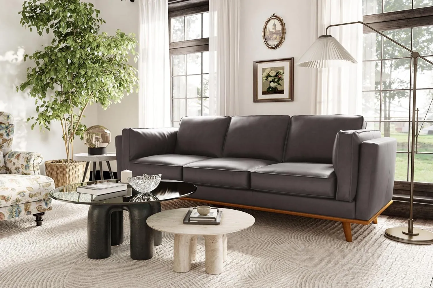 Valencia Artisan Full Leather Sofa 88” - Pure Full Italian Nappa Leather Couch, Solid Wood Accent, Ultimate Comfort, Modern Grey