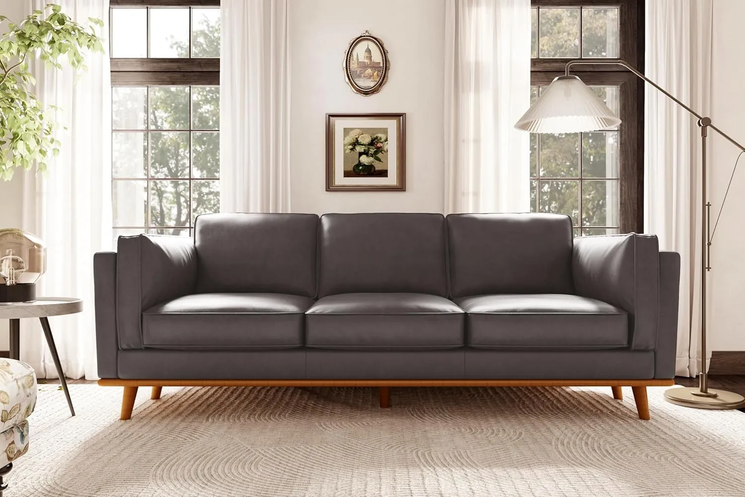 Valencia Artisan Full Leather Sofa 88” - Pure Full Italian Nappa Leather Couch, Solid Wood Accent, Ultimate Comfort, Modern Grey