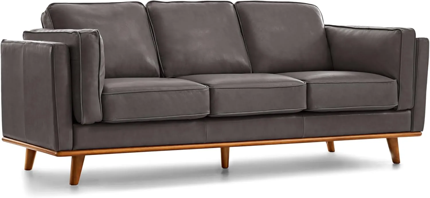 Valencia Artisan Full Leather Sofa 88” - Pure Full Italian Nappa Leather Couch, Solid Wood Accent, Ultimate Comfort, Modern Grey