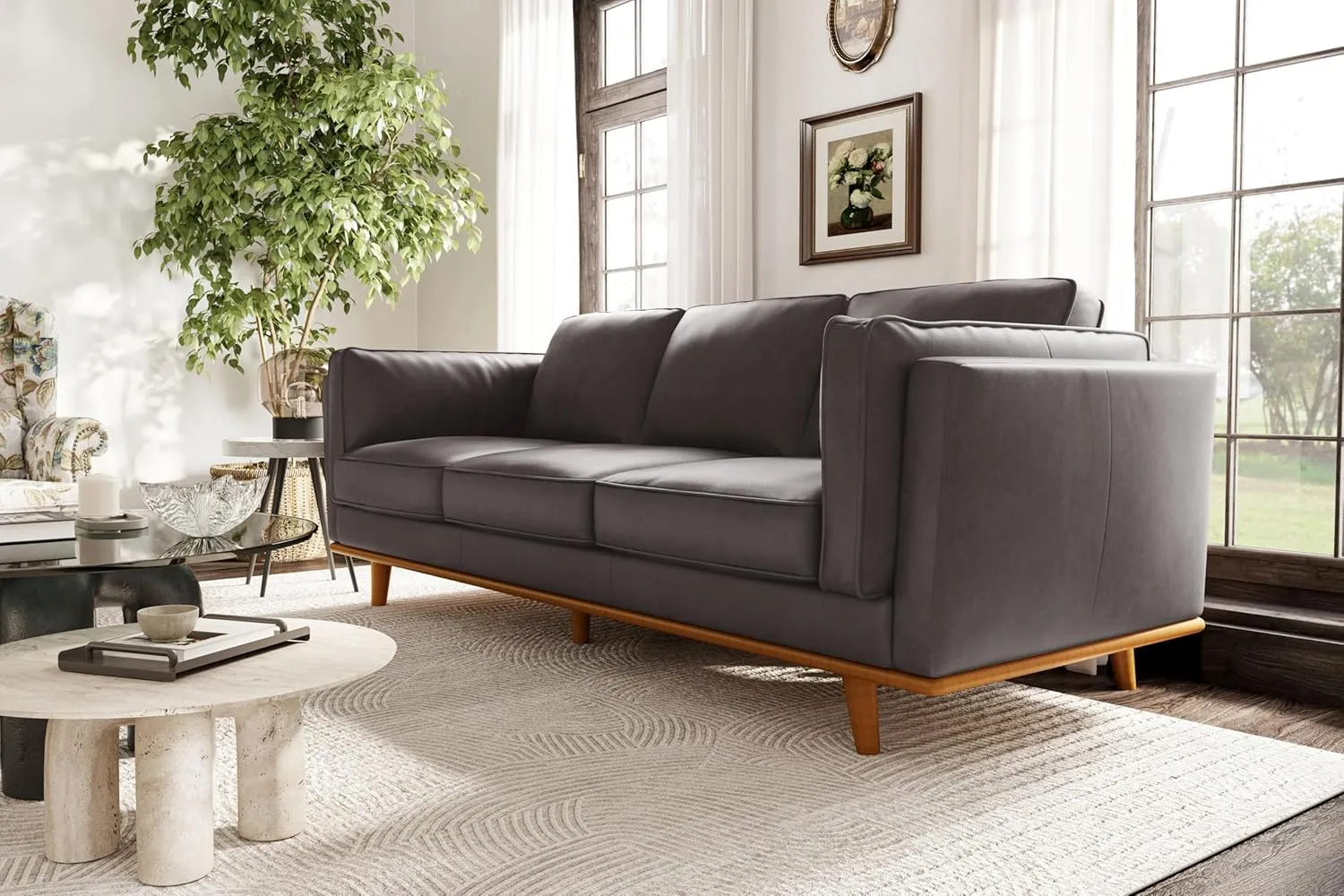 Valencia Artisan Full Leather Sofa 88” - Pure Full Italian Nappa Leather Couch, Solid Wood Accent, Ultimate Comfort, Modern Grey