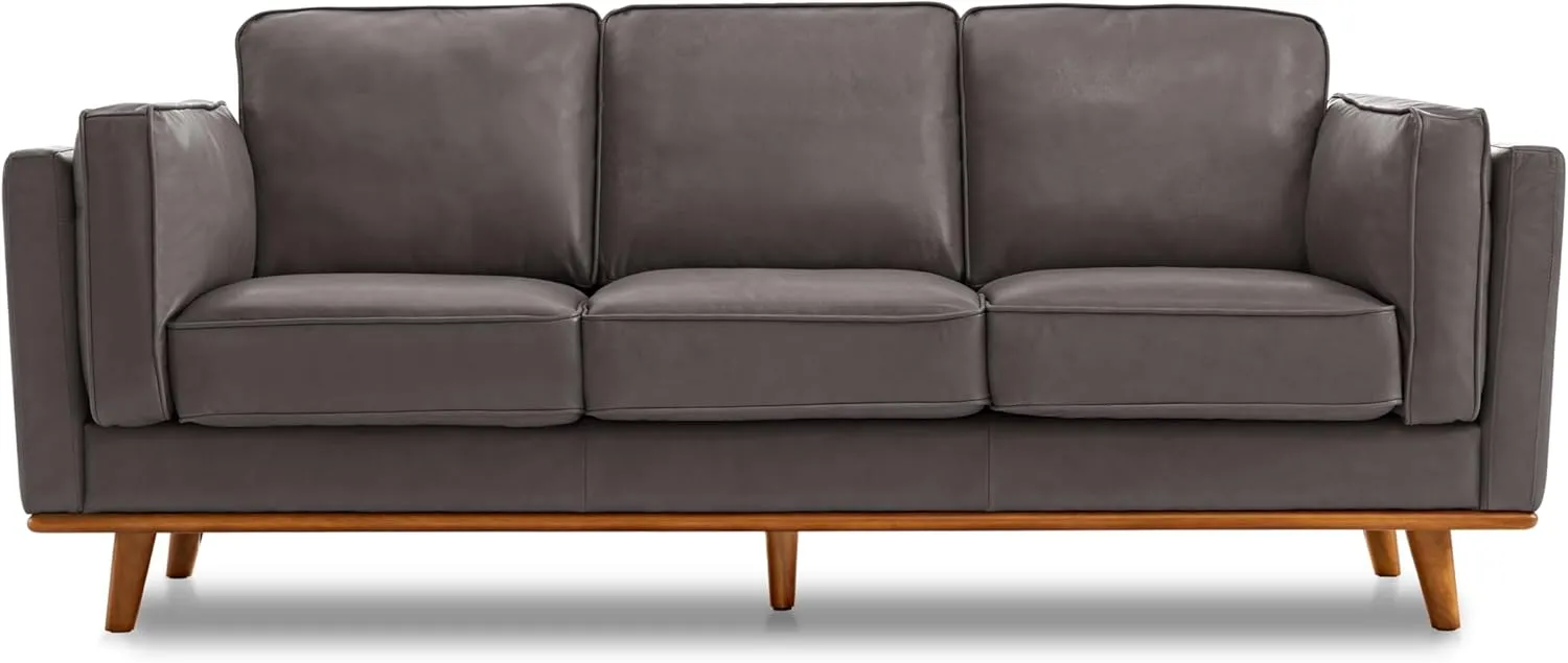 Valencia Artisan Full Leather Sofa 88” - Pure Full Italian Nappa Leather Couch, Solid Wood Accent, Ultimate Comfort, Modern Grey