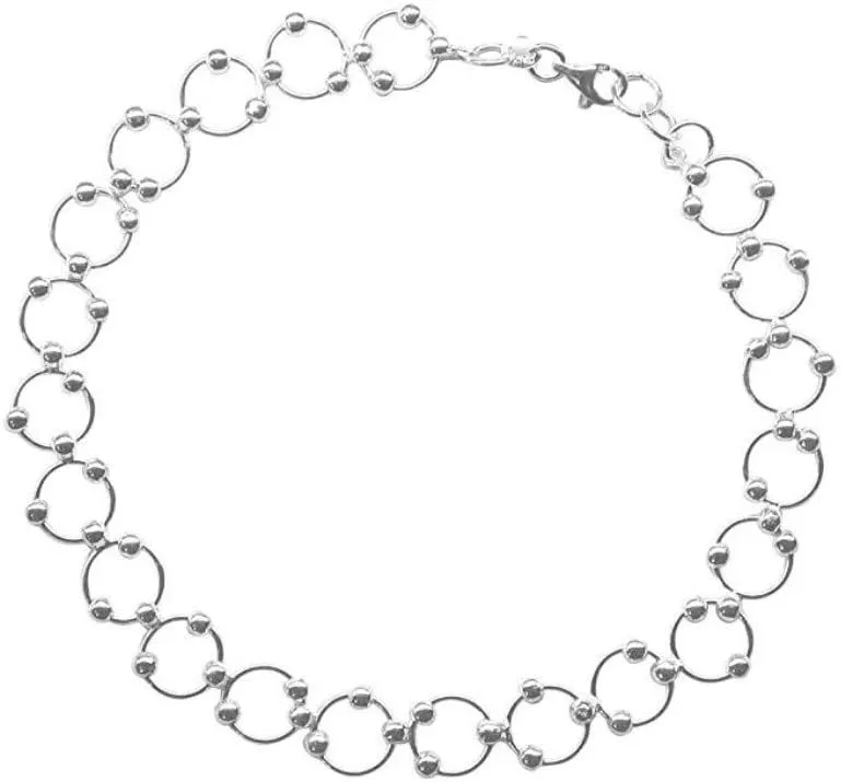Verona Jewelers Sterling Silver Italian Beaded Circle Link Bracelet and Anklet - Round Link Bracelet with Beads, Silver Charm Bracelet