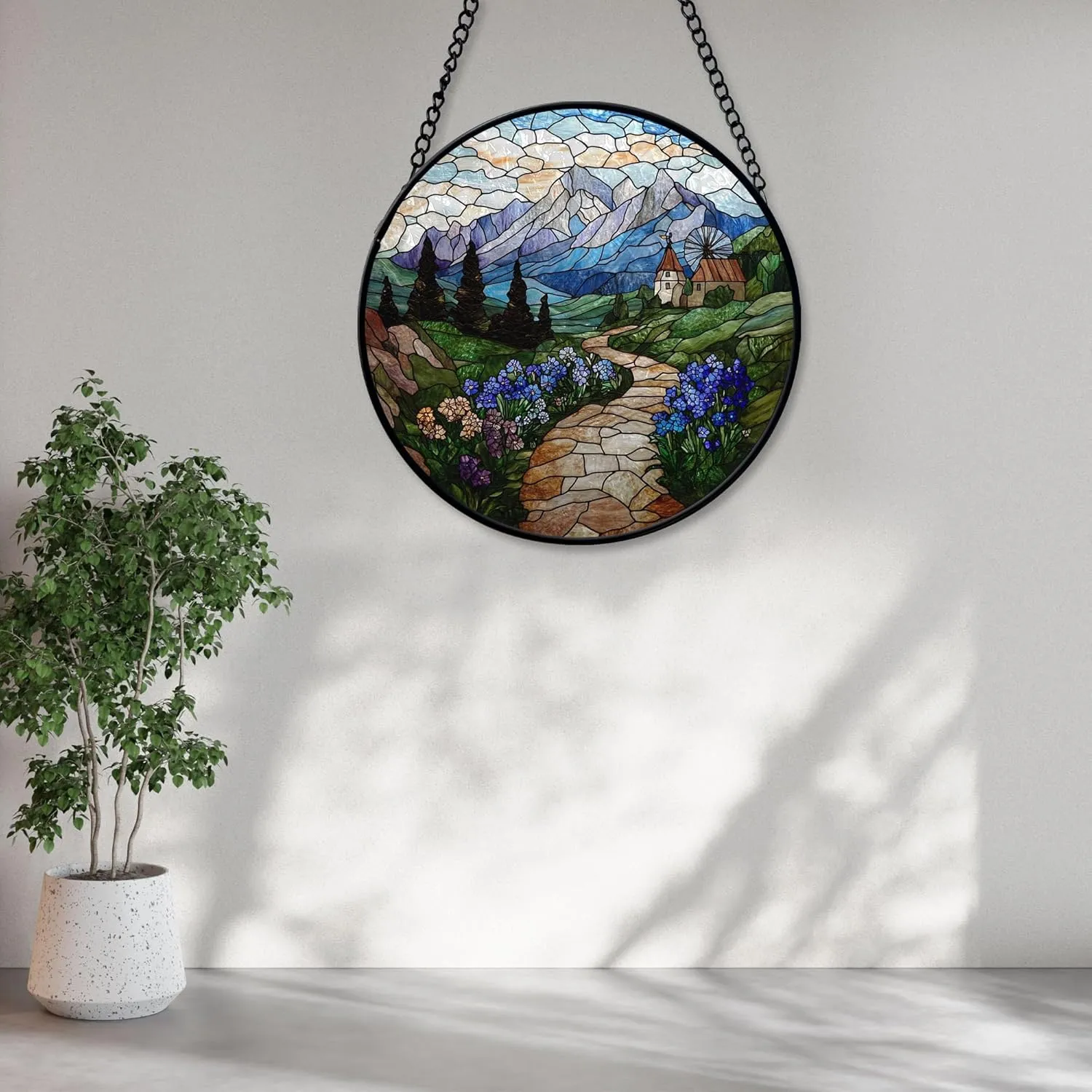 Veronica Alpine Path Suncatcher Window Hanging Handmade Stained Glass Suncatchers Decoration with Metal Chain Outdoor Garden Decor Gift for Women Christmas Thanksgiving jQjPrt