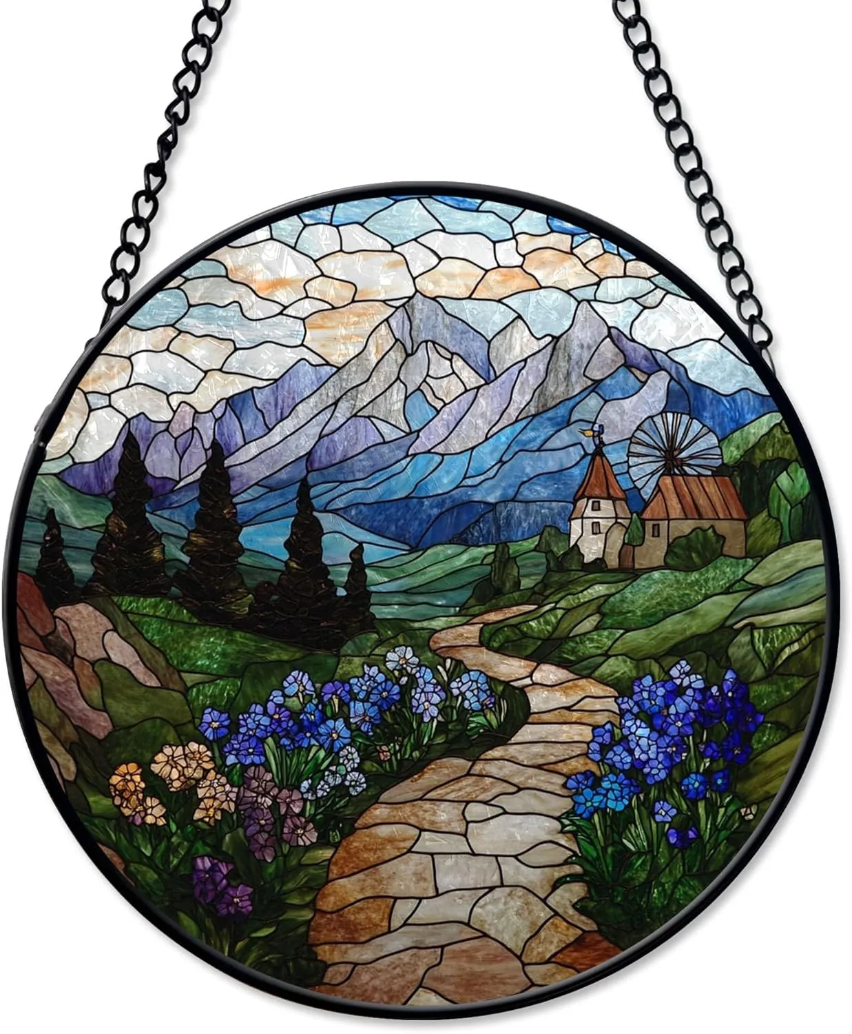 Veronica Alpine Path Suncatcher Window Hanging Handmade Stained Glass Suncatchers Decoration with Metal Chain Outdoor Garden Decor Gift for Women Christmas Thanksgiving jQjPrt