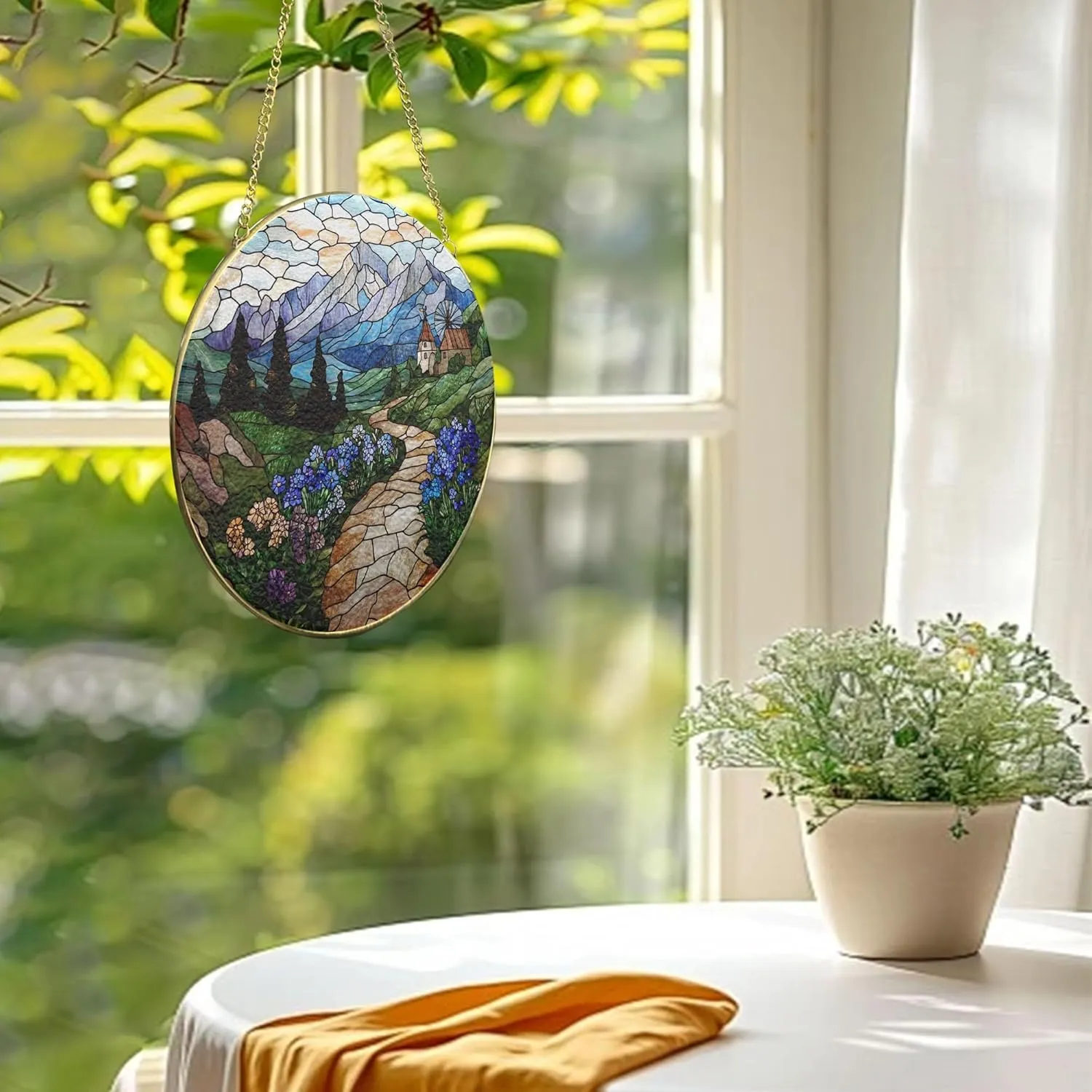 Veronica Alpine Path Suncatcher Window Hanging Handmade Stained Glass Suncatchers Decoration with Metal Chain Outdoor Garden Decor Gift for Women Christmas Thanksgiving jQjPrt