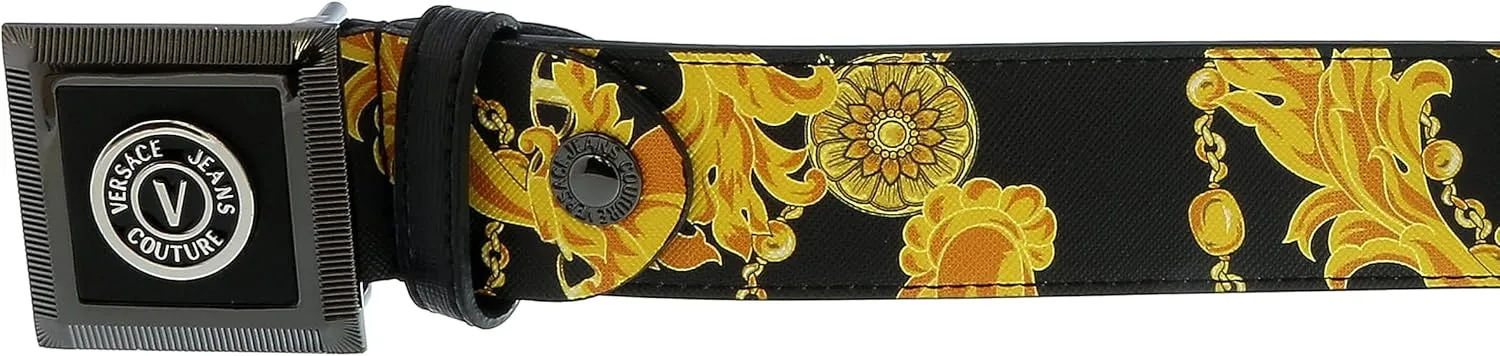 VERSACE JEANS COUTURE Black/Gold V-Emblem Square Buckle Chain Print Mens Belt- for Mens