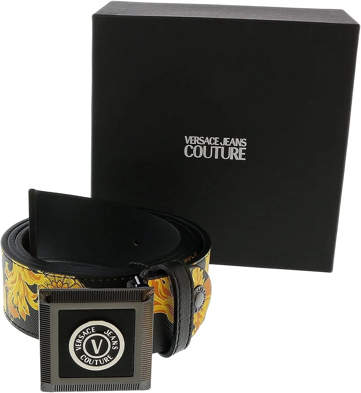 VERSACE JEANS COUTURE Black/Gold V-Emblem Square Buckle Chain Print Mens Belt- for Mens