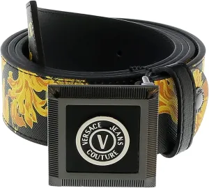 VERSACE JEANS COUTURE Black/Gold V-Emblem Square Buckle Chain Print Mens Belt- for Mens