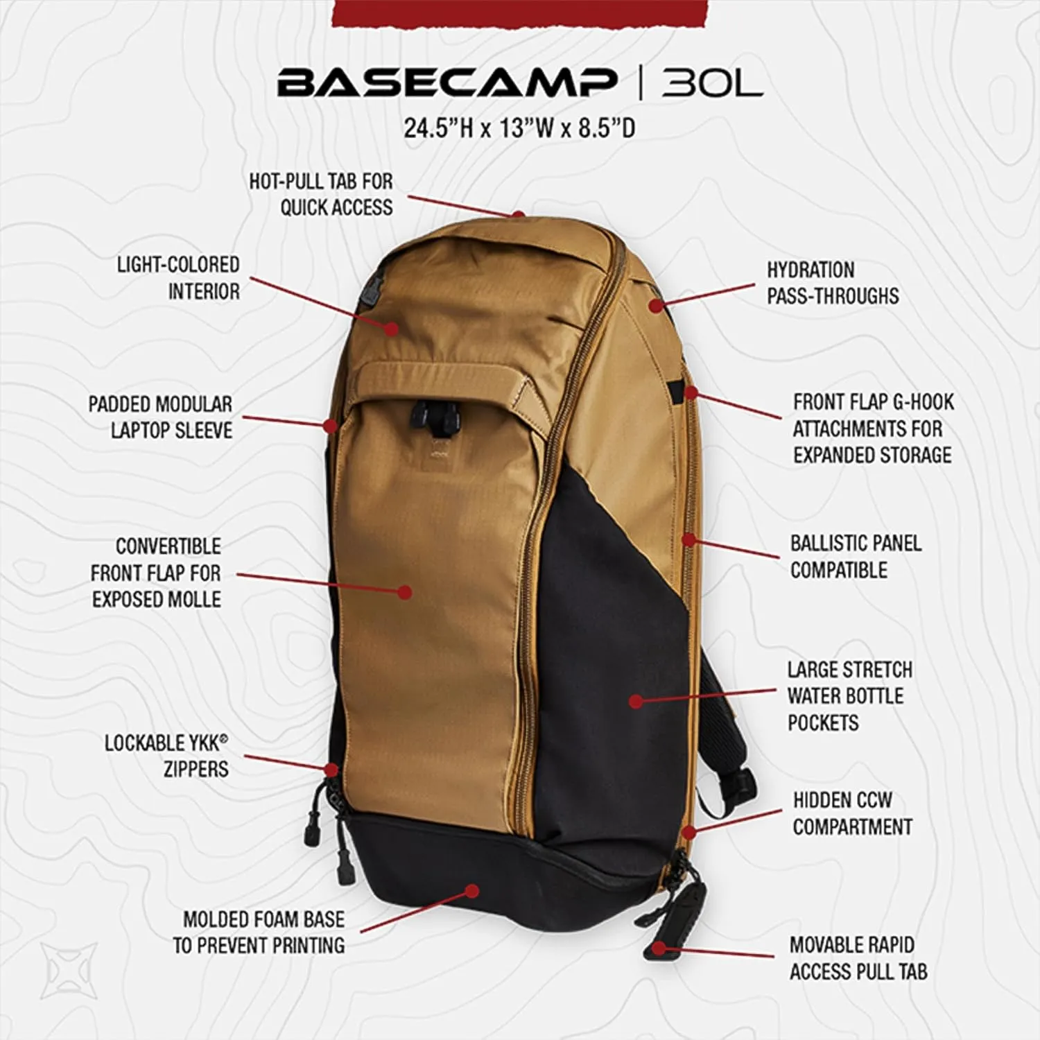 Vertx Basecamp Tactical Backpack 30L for Conceal Carry, Hiking, Overlanding, Travel, Work, Tactical Gear, Dark Earth (VTX5019)