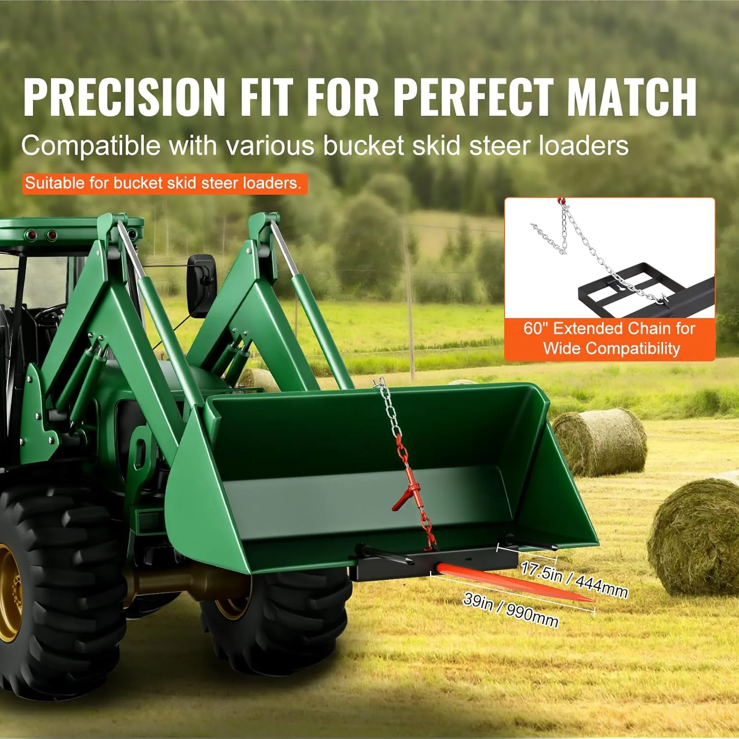 VEVOR 39" Hay Spear, Bale Spears 1600lbs Loading Capacity, Skid Steer Loader Tractor Bucket Attachment with 2pcs 17.5" Stabilizer Spears and 60" Chain, Quick Attach Spike Forks