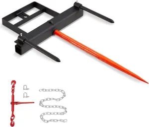 VEVOR 39" Hay Spear, Bale Spears 1600lbs Loading Capacity, Skid Steer Loader Tractor Bucket Attachment with 2pcs 17.5" Stabilizer Spears and 60" Chain, Quick Attach Spike Forks