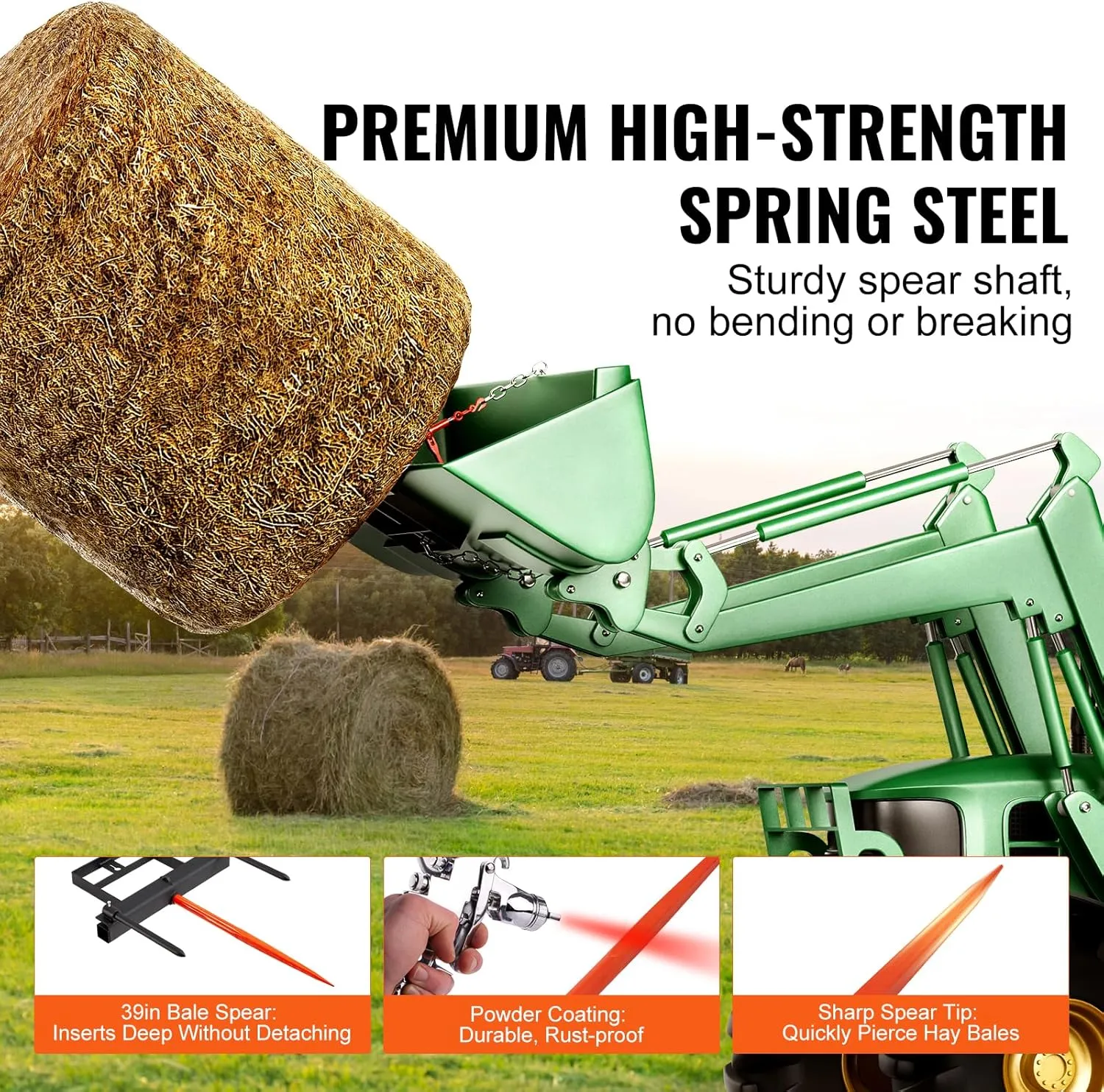 VEVOR 39" Hay Spear, Bale Spears 1600lbs Loading Capacity, Skid Steer Loader Tractor Bucket Attachment with 2pcs 17.5" Stabilizer Spears and 60" Chain, Quick Attach Spike Forks