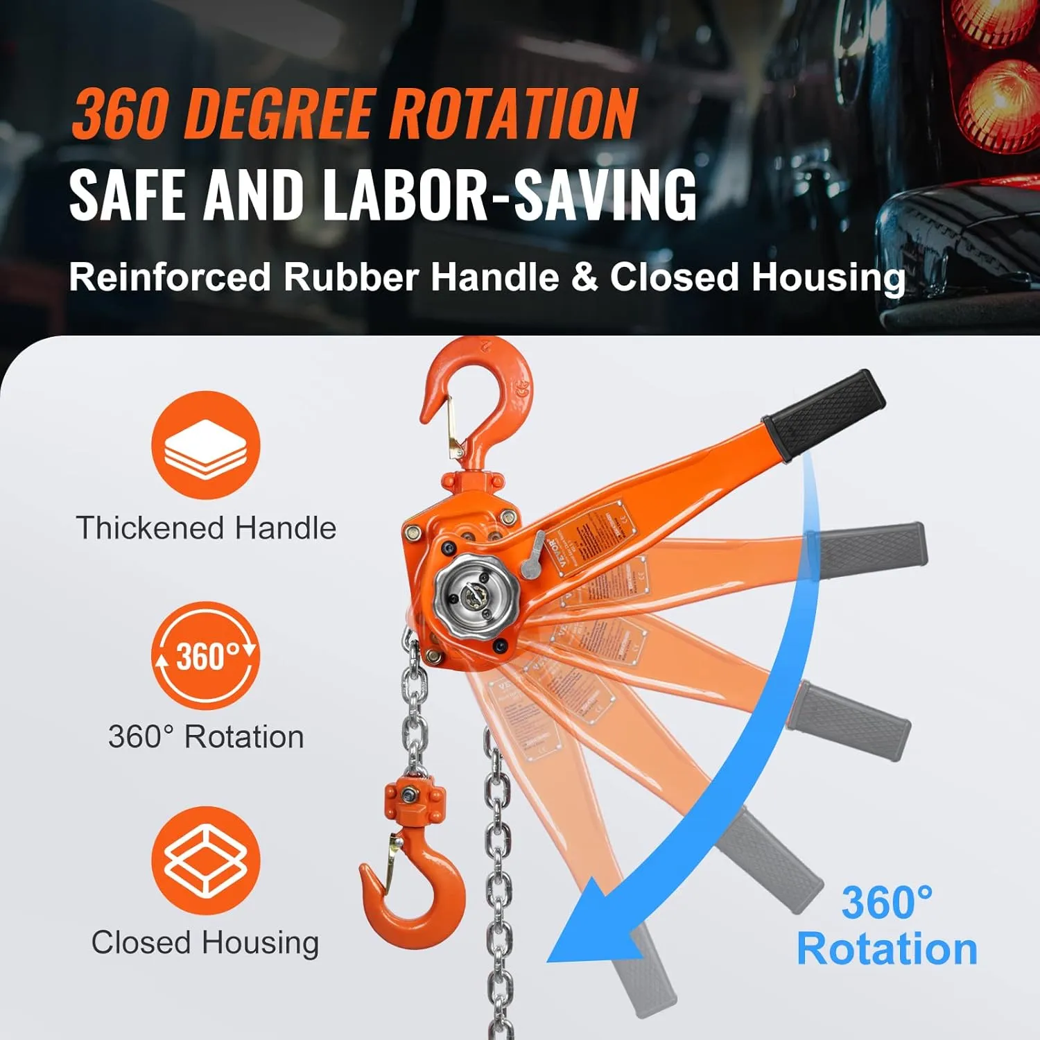 VEVOR Manual Lever Chain Hoist, 1-1/2 Ton 3300 lbs Capacity 20 FT Come Along, G80 Galvanized Carbon Steel with Weston Double-Pawl Brake,Auto Chain Leading & 360° Rotation Hook, for Garage Factory Dock