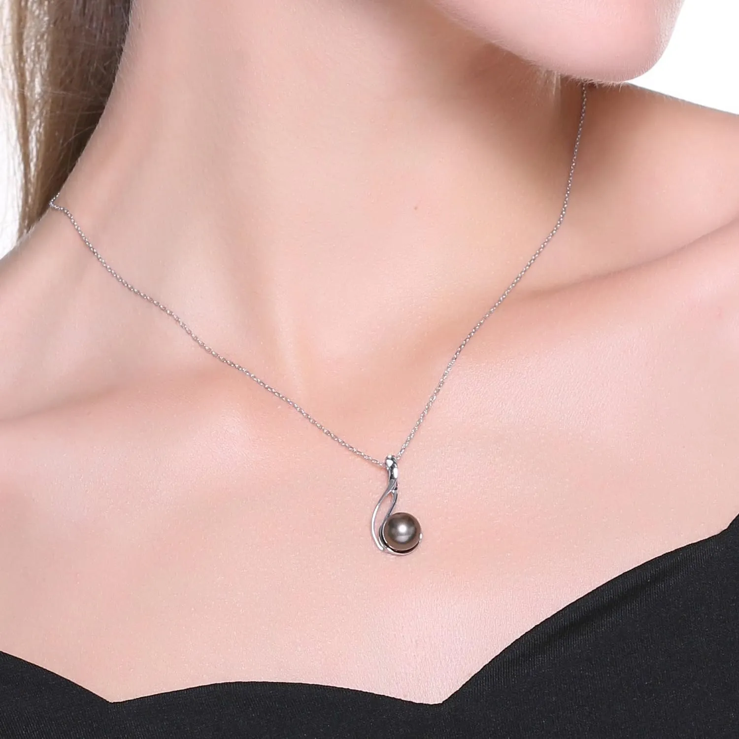 VIKI LYNN Tahitian Black Pearl Necklace for Women 9-10mm Tahitian Cultured Black Pearl Pendant