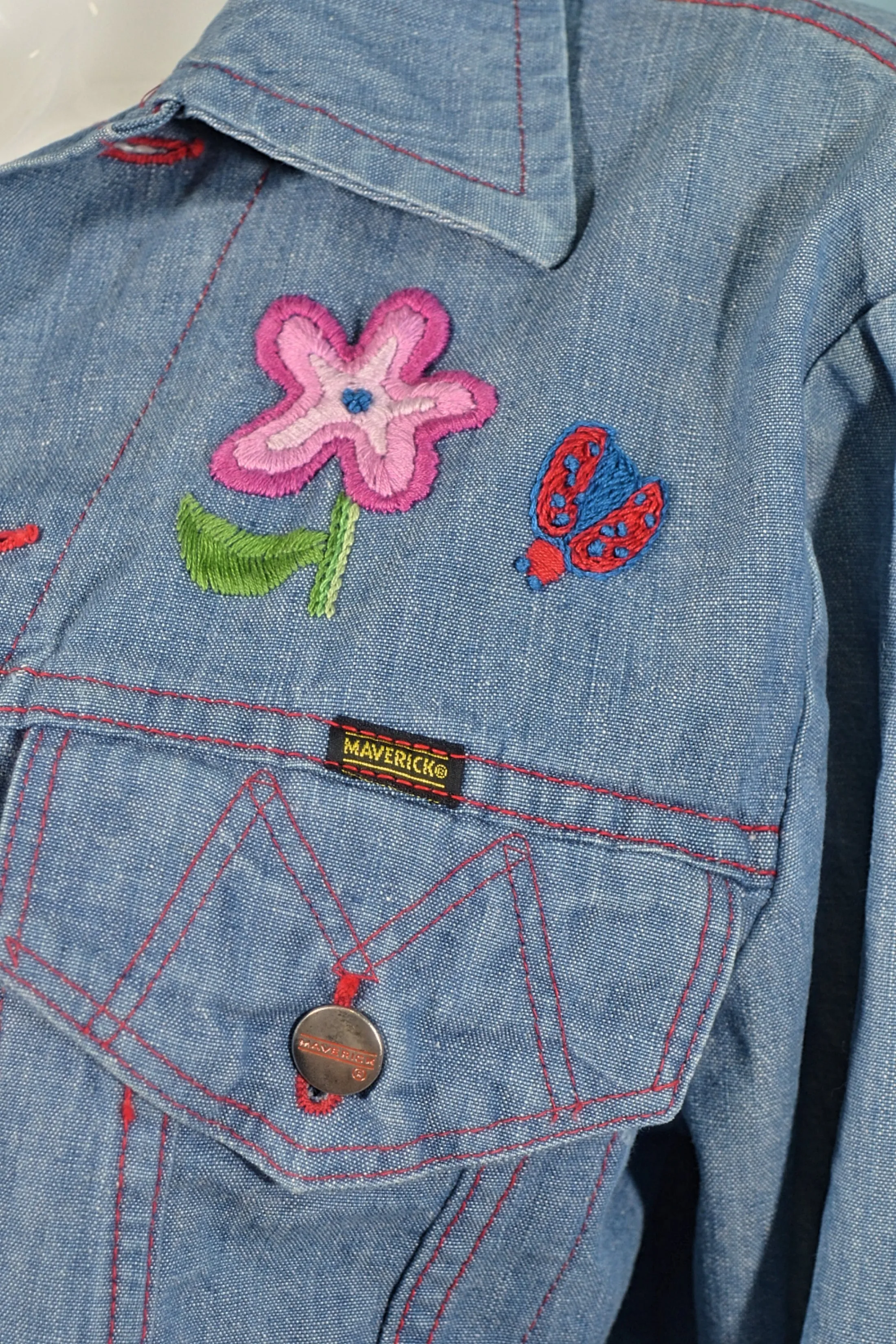 Vintage 60s/70s Embroidered Denim Jacket, OOAK, Maverick 38