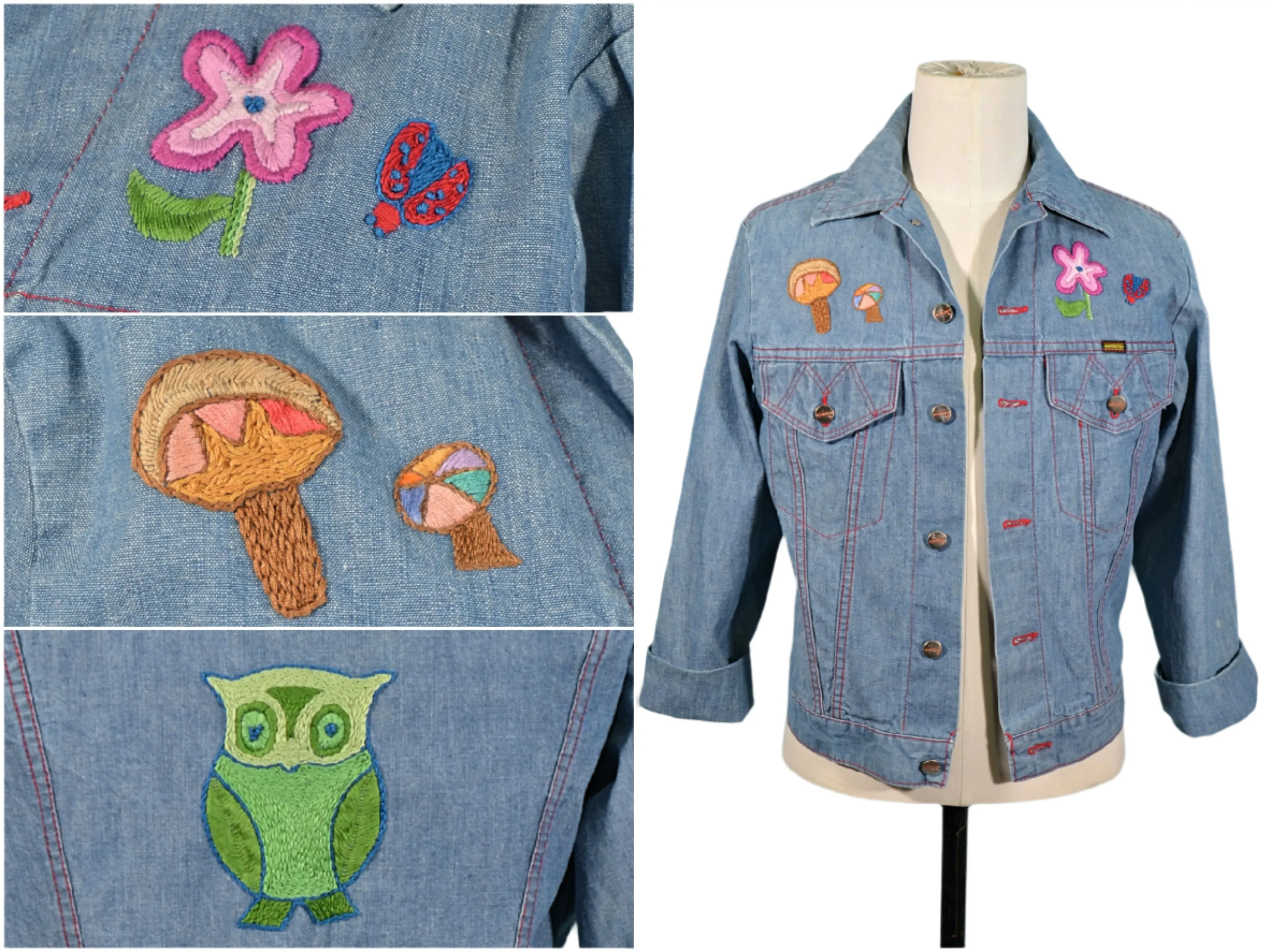 Vintage 60s/70s Embroidered Denim Jacket, OOAK, Maverick 38