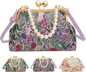 Vintage Embroidered Flower Handbag, Flower Embroidery Rustic Shoulder Bags, Retro Pearl Chain Crossbody Bag