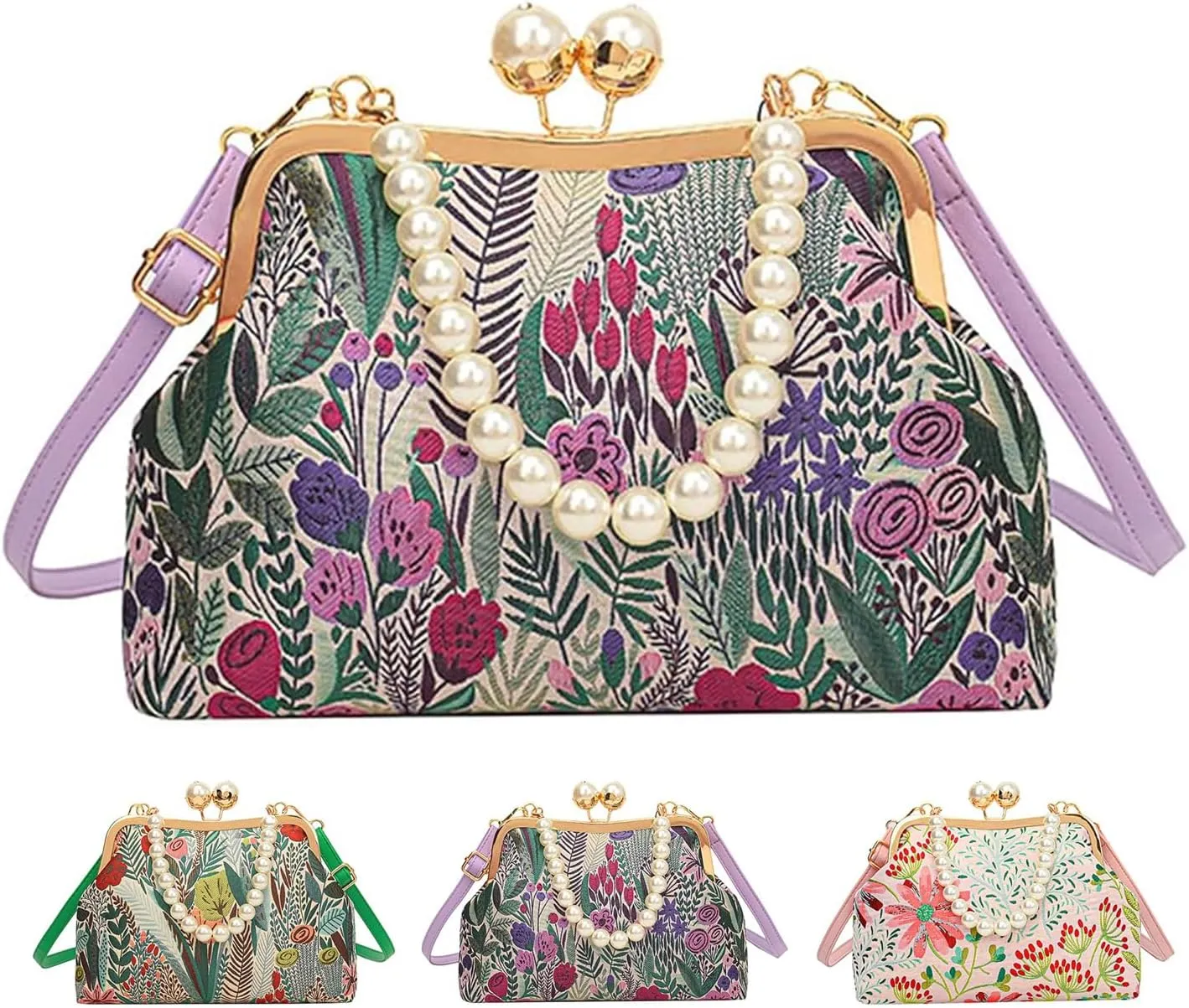 Vintage Embroidered Flower Handbag, Flower Embroidery Rustic Shoulder Bags, Retro Pearl Chain Crossbody Bag