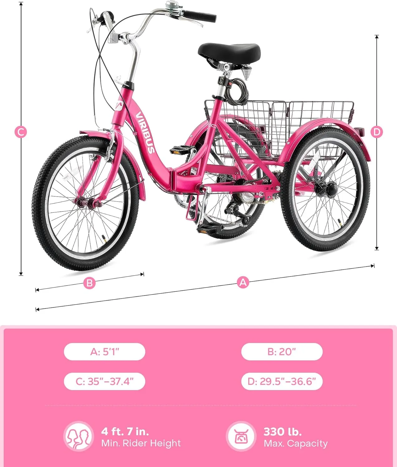 Viribus Folding Adult Tricycle, 20 inch Folding Tricycle for Adults with Lock, 1 or 7 Speed 3 Wheel Bike, Foldable Trike Collapsible Three Wheel Bike for Men Women Senior, 330lb.