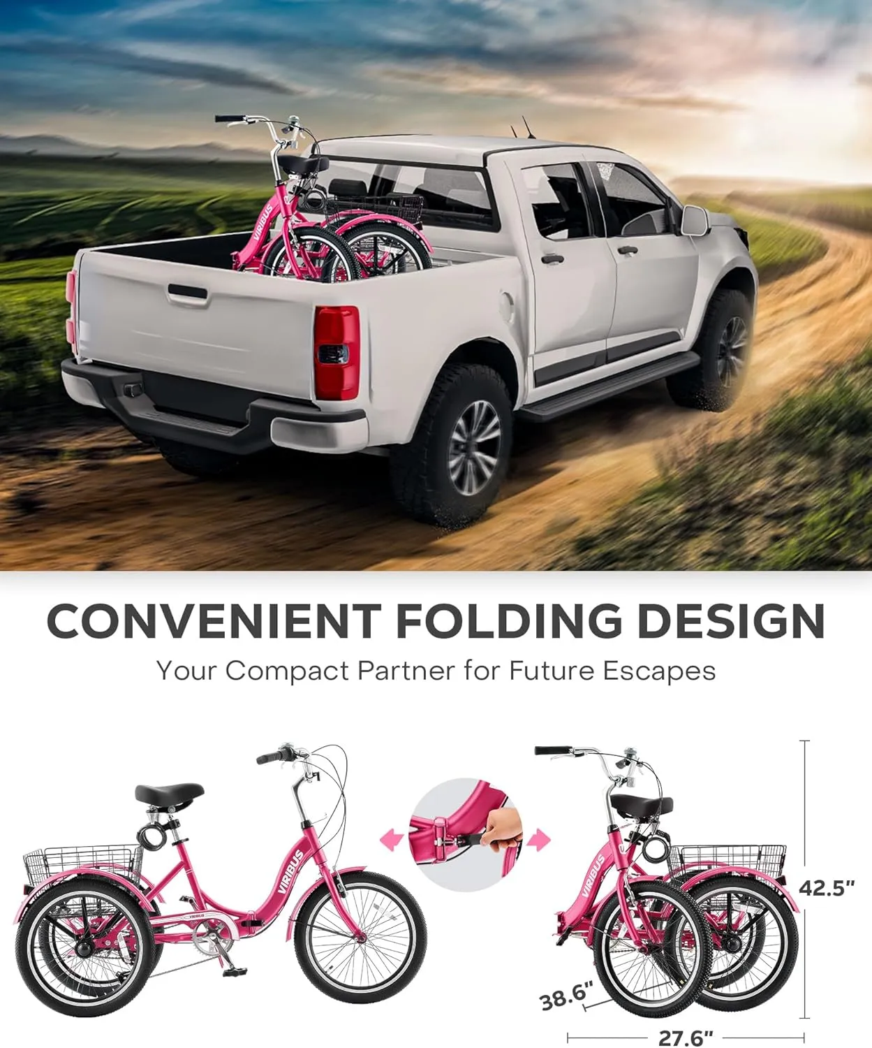 Viribus Folding Adult Tricycle, 20 inch Folding Tricycle for Adults with Lock, 1 or 7 Speed 3 Wheel Bike, Foldable Trike Collapsible Three Wheel Bike for Men Women Senior, 330lb.