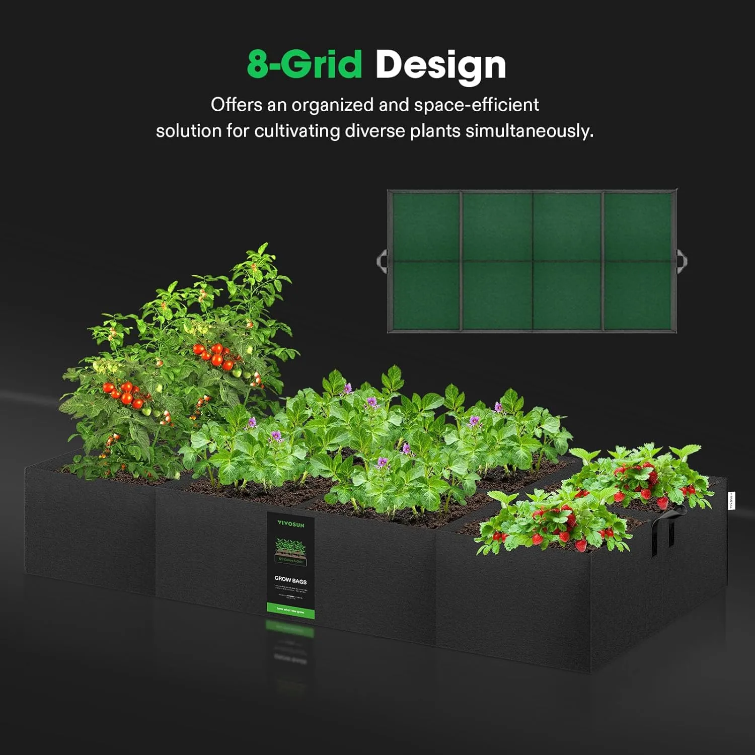 VIVOSUN 8-Grid 129 Gallon Plant Grow Bags, Large Fabric Raised Garden Bed with 400G Thickened Breathable Fabric, Reinforced Handles & 10 Pcs Plant Labels for Flowers, Vegetables, Fruits