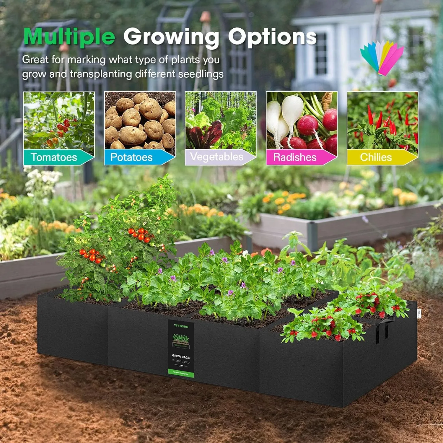 VIVOSUN 8-Grid 129 Gallon Plant Grow Bags, Large Fabric Raised Garden Bed with 400G Thickened Breathable Fabric, Reinforced Handles & 10 Pcs Plant Labels for Flowers, Vegetables, Fruits