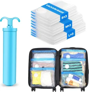 VMstr 9 Pack Vacuum Storage Bags with Pump for Travel, Vacuum Seal for Clothing and Clothes, Compression Bags with Hand Pump