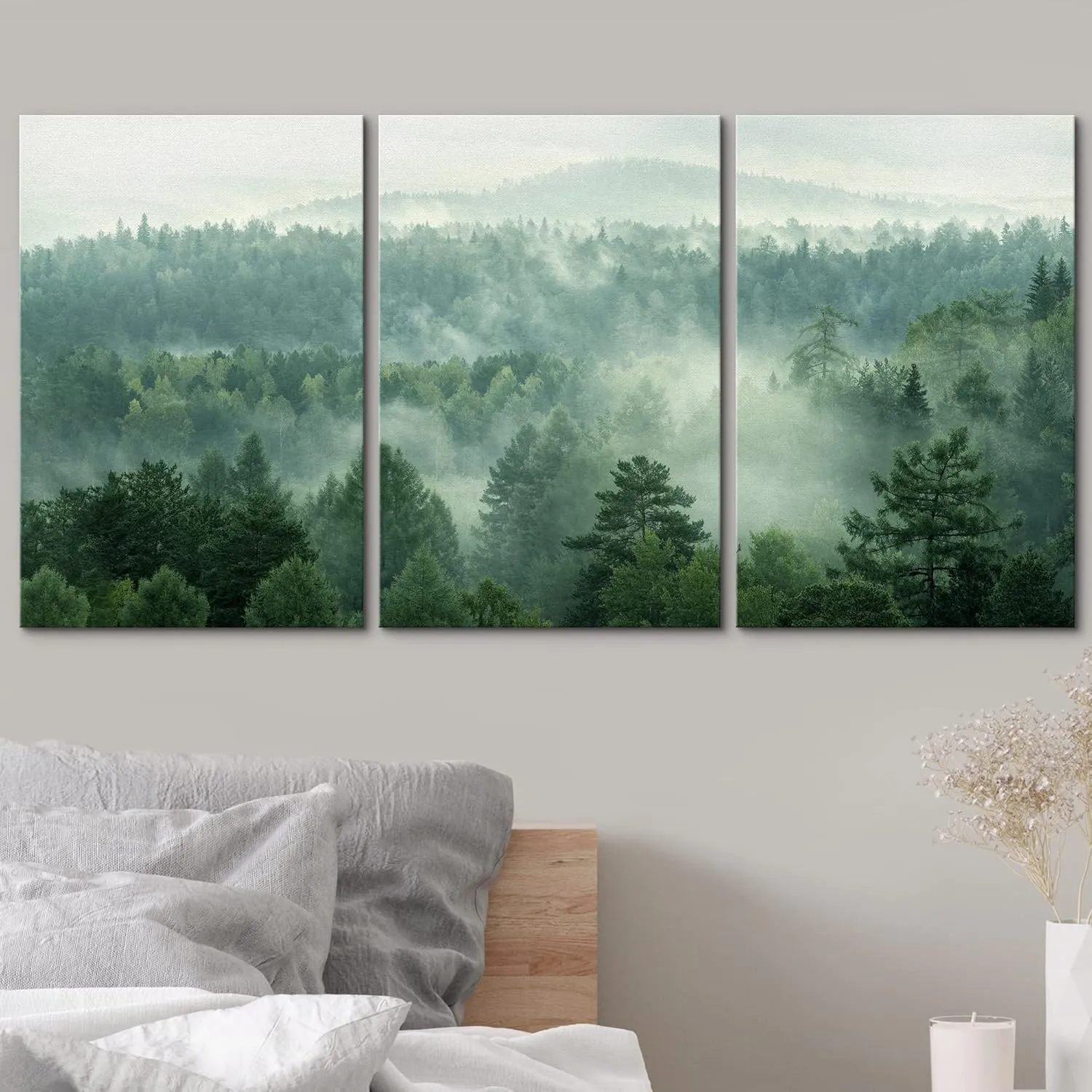 wall26 Canvas Print Wall Art Set Aerial View Mist Forest Tree Mountain Nature Wilderness Photography Realism Rustic Landscape Colorful Cool for Living Room, Bedroom, Office - 24"x36"x3 Panels
