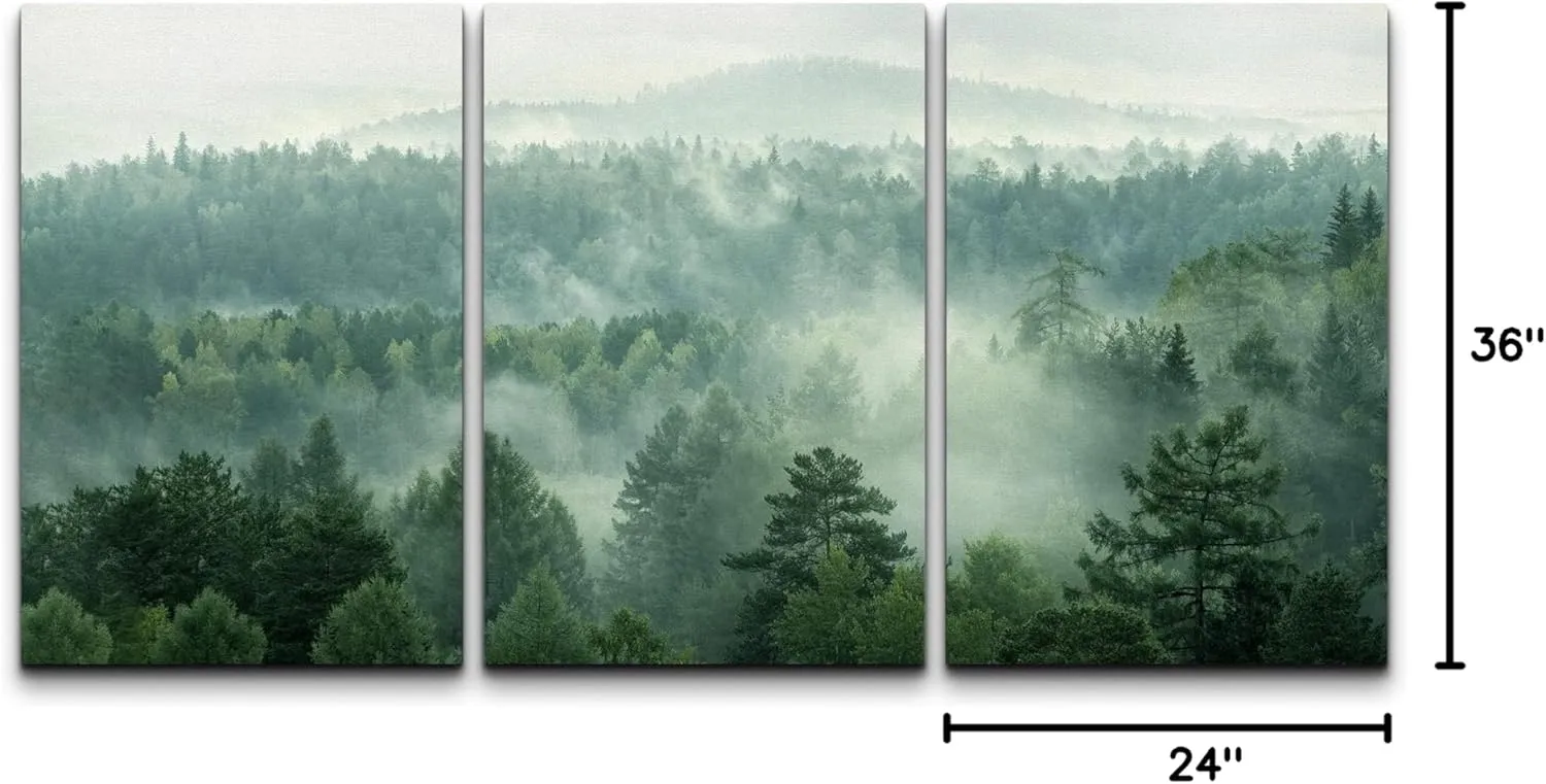 wall26 Canvas Print Wall Art Set Aerial View Mist Forest Tree Mountain Nature Wilderness Photography Realism Rustic Landscape Colorful Cool for Living Room, Bedroom, Office - 24"x36"x3 Panels