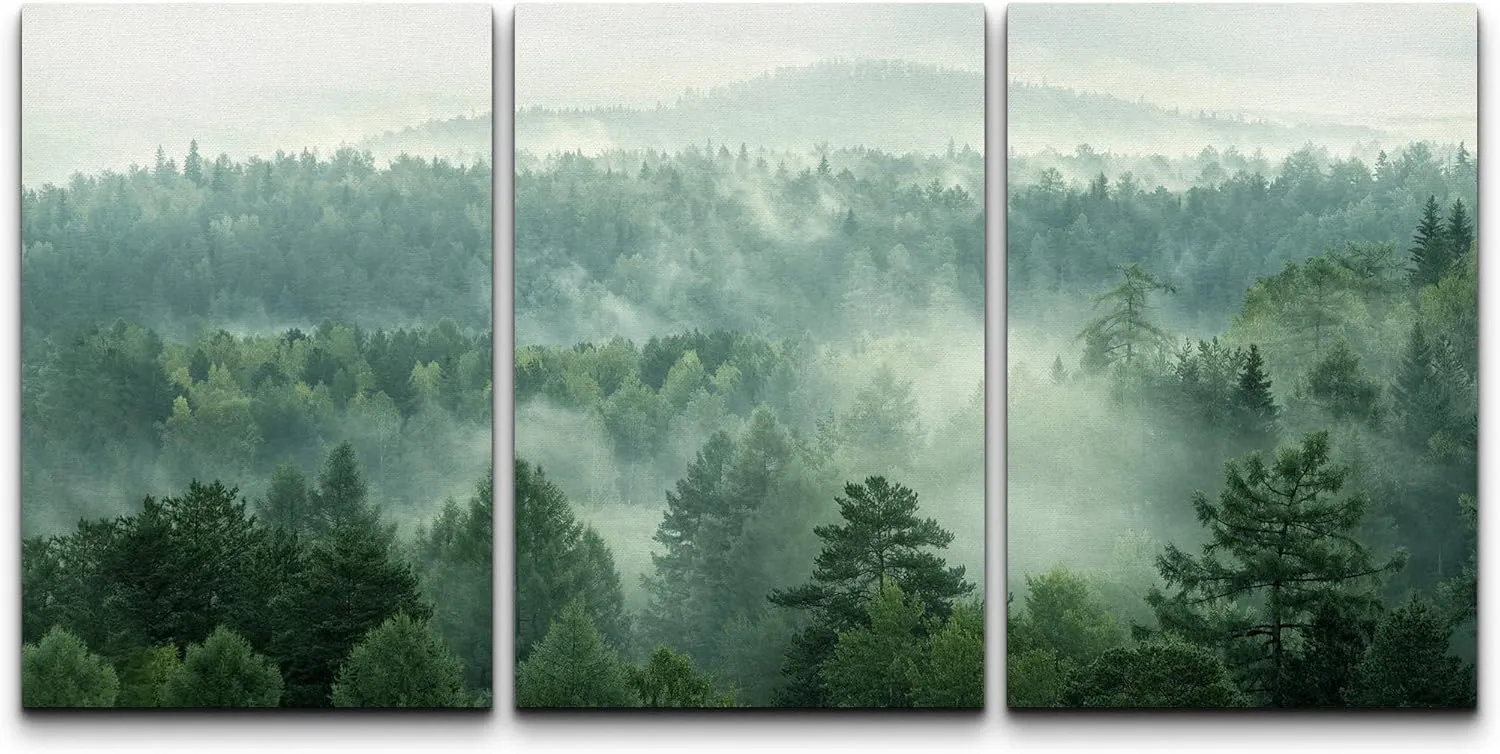 wall26 Canvas Print Wall Art Set Aerial View Mist Forest Tree Mountain Nature Wilderness Photography Realism Rustic Landscape Colorful Cool for Living Room, Bedroom, Office - 24"x36"x3 Panels