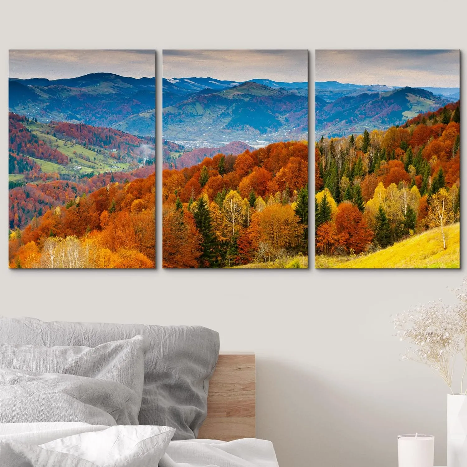 wall26 Canvas Print Wall Art Set Red, Green & Yellow Autumn Mountain Forest Nature Wilderness Photography Realism Rustic Scenic Relax/Calm for Living Room, Bedroom, Office - 24"x36"x3 PanelsPanels