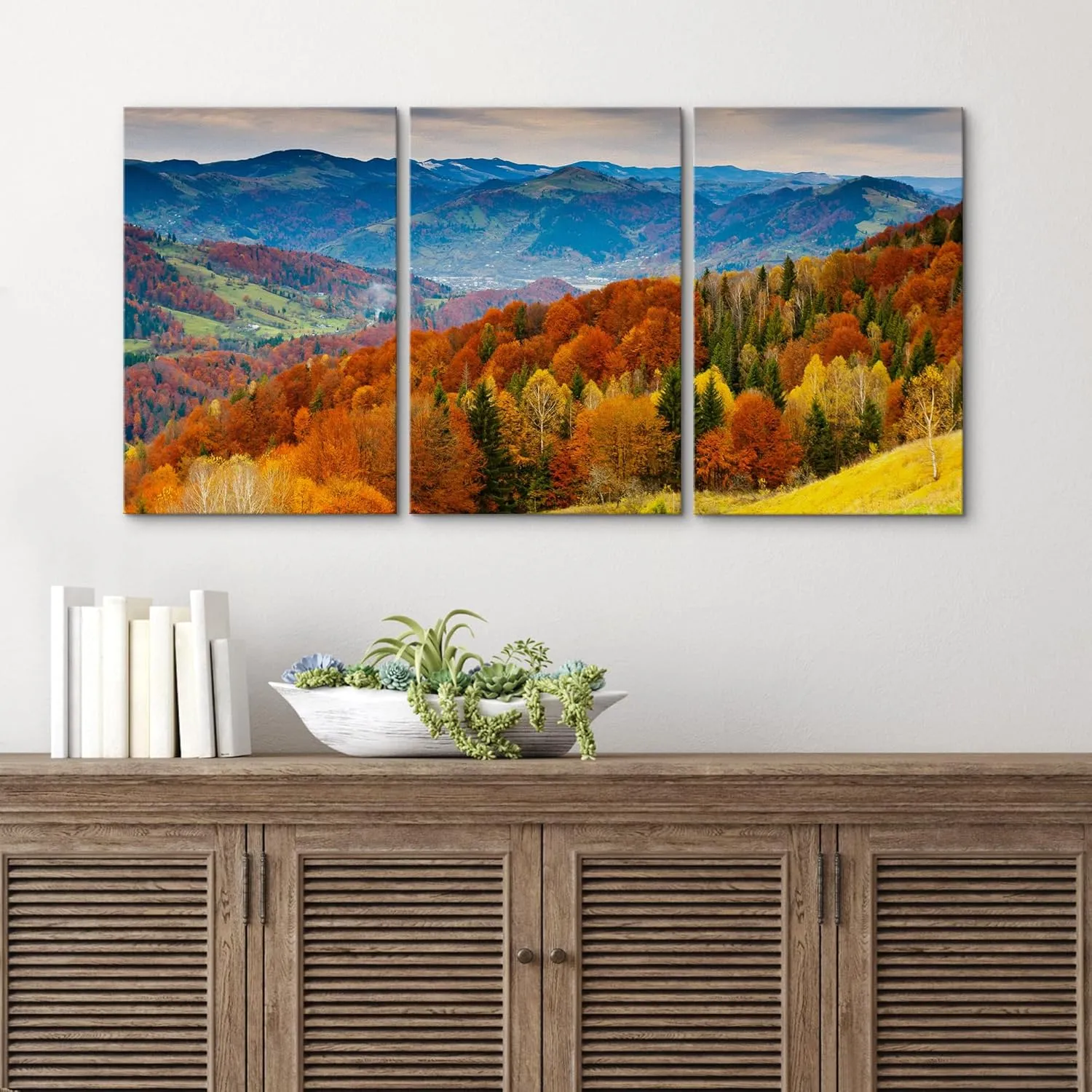 wall26 Canvas Print Wall Art Set Red, Green & Yellow Autumn Mountain Forest Nature Wilderness Photography Realism Rustic Scenic Relax/Calm for Living Room, Bedroom, Office - 24"x36"x3 PanelsPanels