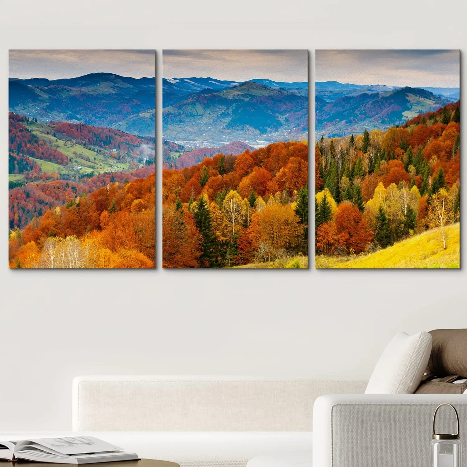wall26 Canvas Print Wall Art Set Red, Green & Yellow Autumn Mountain Forest Nature Wilderness Photography Realism Rustic Scenic Relax/Calm for Living Room, Bedroom, Office - 24"x36"x3 PanelsPanels