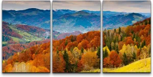 wall26 Canvas Print Wall Art Set Red, Green & Yellow Autumn Mountain Forest Nature Wilderness Photography Realism Rustic Scenic Relax/Calm for Living Room, Bedroom, Office - 24"x36"x3 PanelsPanels