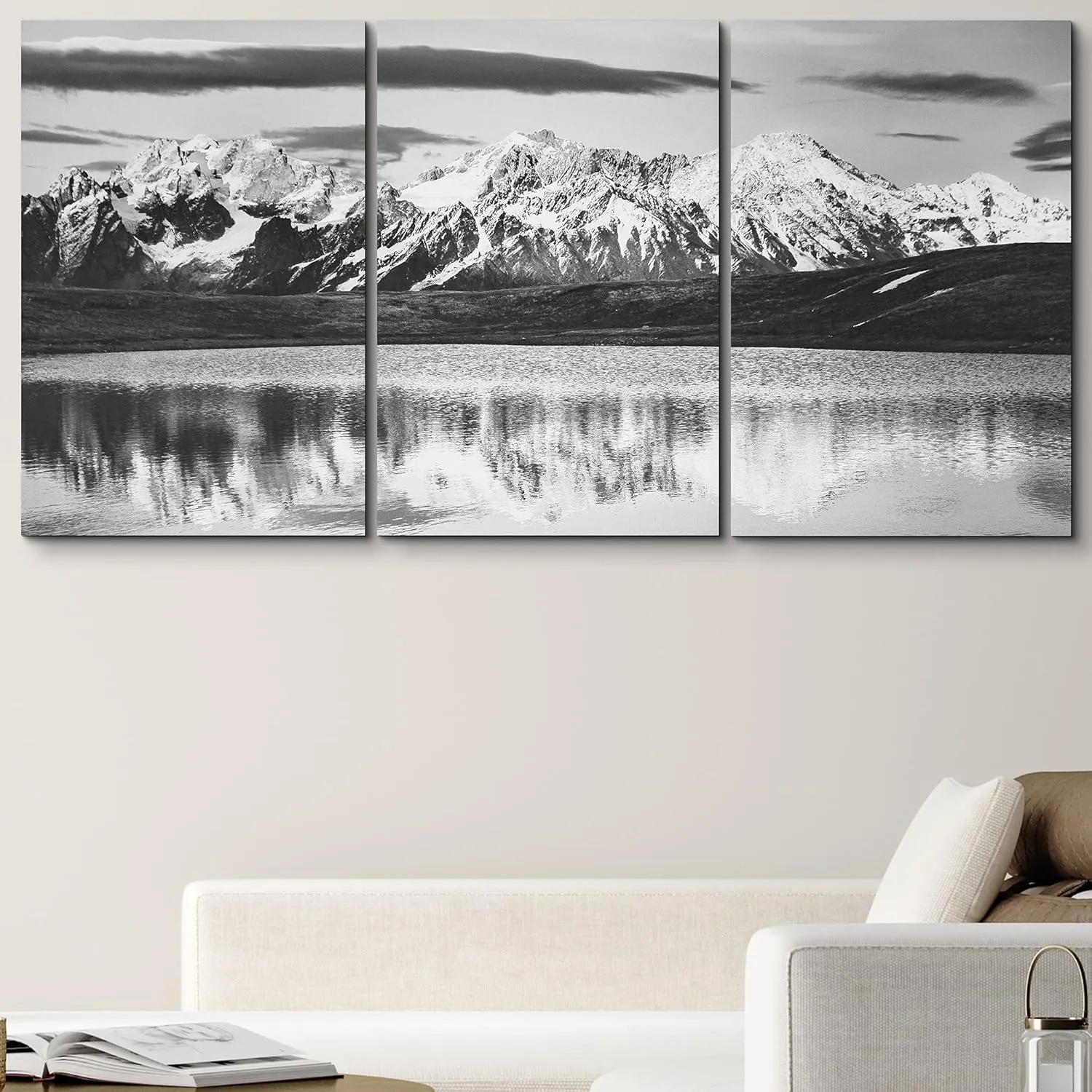 wall26 Canvas Print Wall Art Set Vintage Mountain Range & Reflection Nature Wilderness Photography Realism Rustic Landscape Dramatic Dark Black and White for Living Room, Bedroom, Office - 16"x24"x3