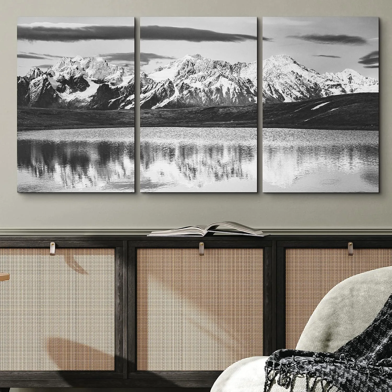 wall26 Canvas Print Wall Art Set Vintage Mountain Range & Reflection Nature Wilderness Photography Realism Rustic Landscape Dramatic Dark Black and White for Living Room, Bedroom, Office - 16"x24"x3