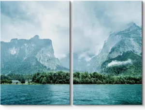 wall26 Canvas Print Wall Art Set Winter Mountain Range Forest Lake Nature Wilderness Photography Realism Decorative Landscape Multicolor Rustic Zen for Living Room, Bedroom, Office - 16"x24"x2 Panels