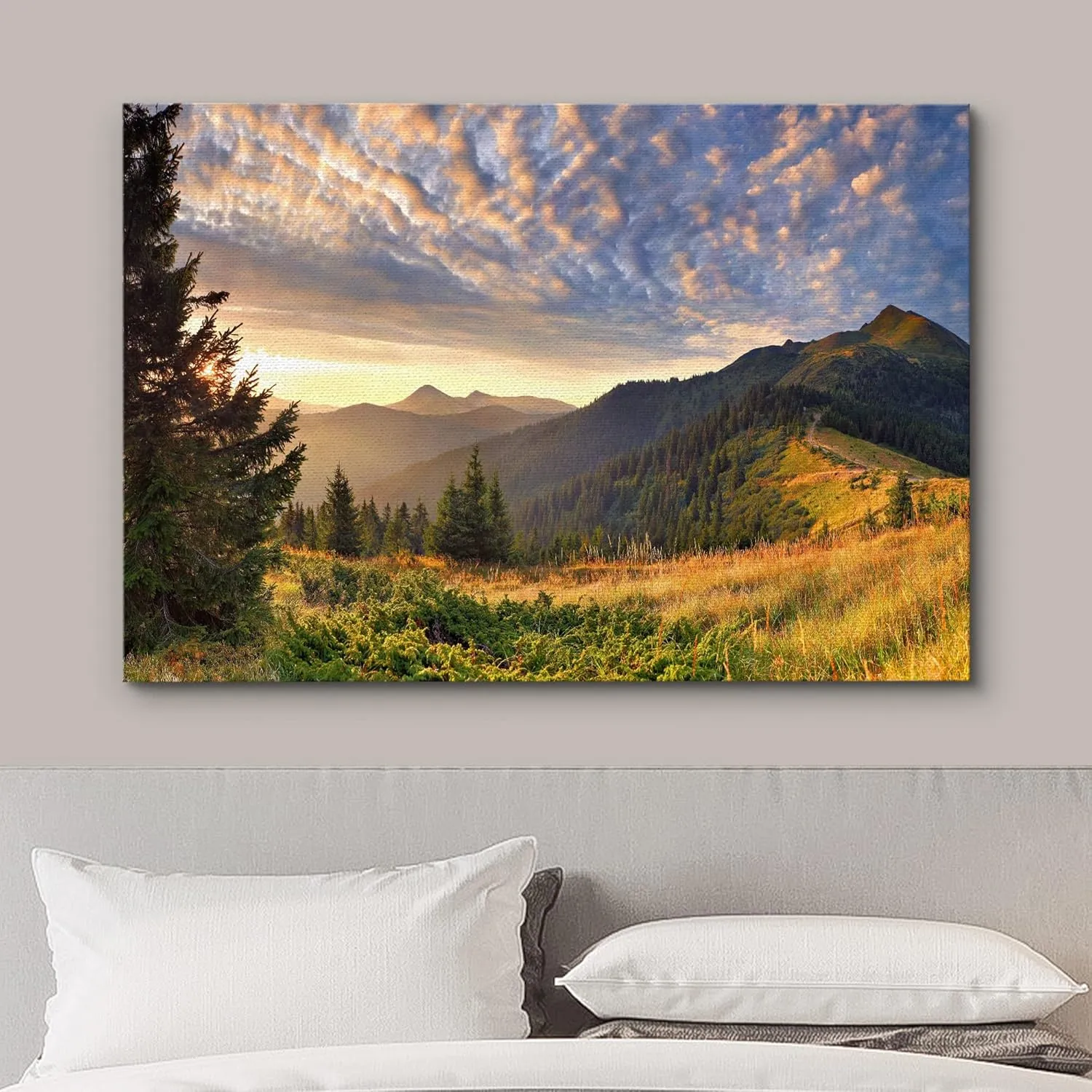wall26 Canvas Print Wall Art Sunset Over The Golden Mountain Forest Landscape Nature Wilderness Photography Realism Rustic Scenic Colorful Green Ultra for Living Room, Bedroom, Office - 16"x24"