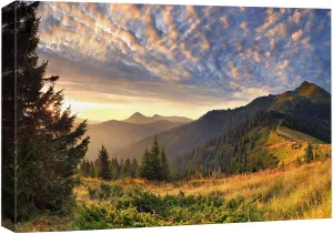 wall26 Canvas Print Wall Art Sunset Over The Golden Mountain Forest Landscape Nature Wilderness Photography Realism Rustic Scenic Colorful Green Ultra for Living Room, Bedroom, Office - 16"x24"