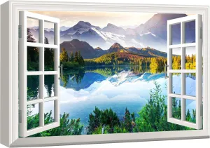 wall26 Canvas Print Wall Art Window View Landscape Serene Mountain Lake Nature Wilderness Photography Modern Art Rustic Scenic Colorful Multicolor for Living Room, Bedroom, Office - 32"x48"