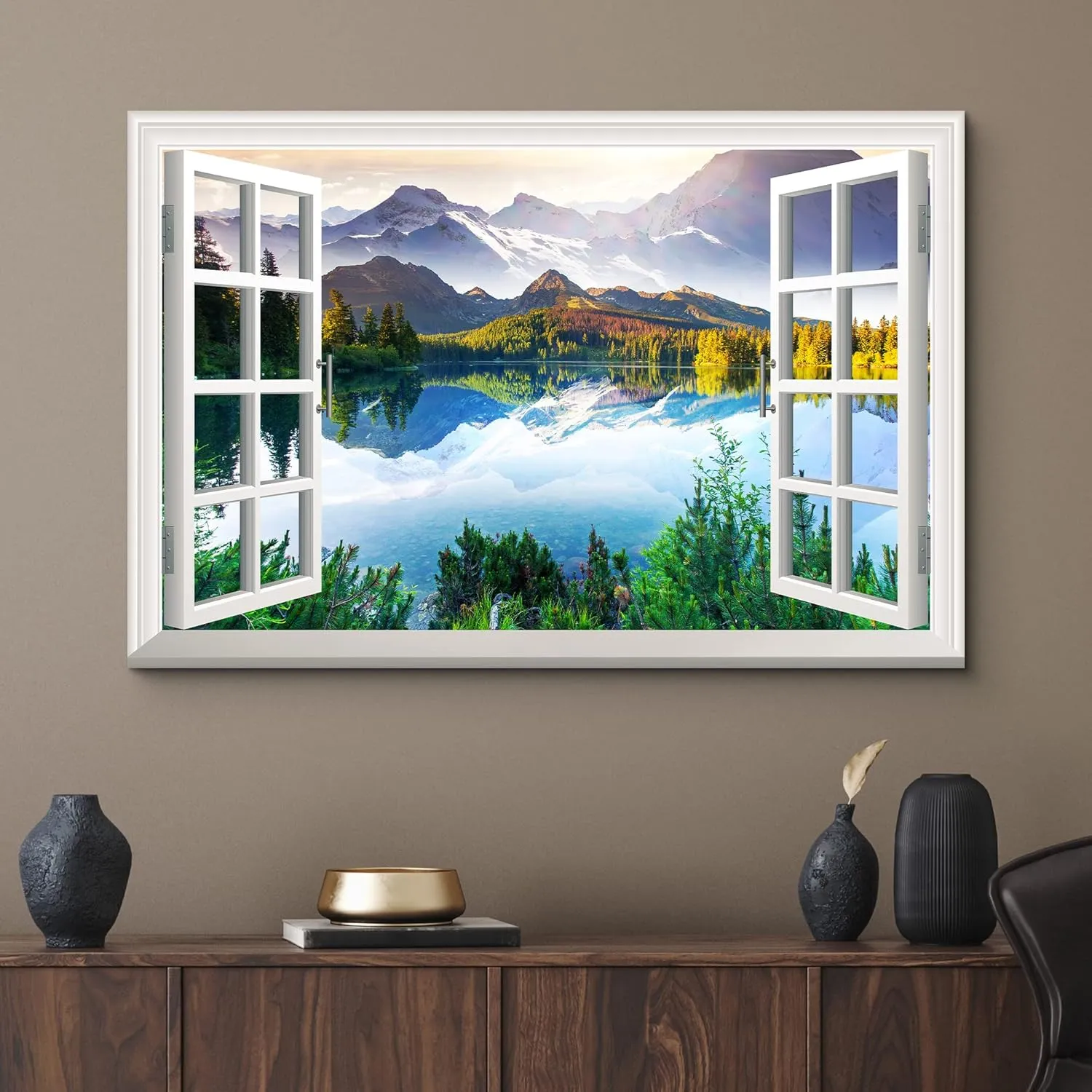 wall26 Canvas Print Wall Art Window View Landscape Serene Mountain Lake Nature Wilderness Photography Modern Art Rustic Scenic Colorful Multicolor for Living Room, Bedroom, Office - 32"x48"