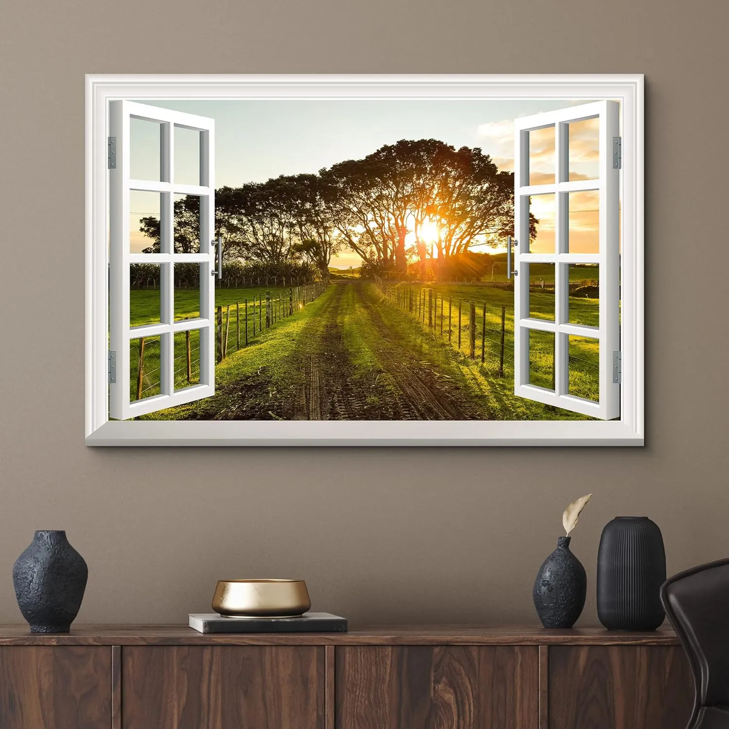 wall26 Canvas Print Wall Art Window View of Country Road at Sunset Nature Wilderness Photography Realism Rustic Scenic Colorful Relax/Calm Ultra for Living Room, Bedroom, Office - 32"x48"