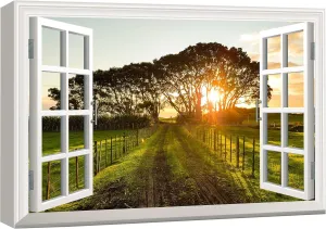 wall26 Canvas Print Wall Art Window View of Country Road at Sunset Nature Wilderness Photography Realism Rustic Scenic Colorful Relax/Calm Ultra for Living Room, Bedroom, Office - 32"x48"