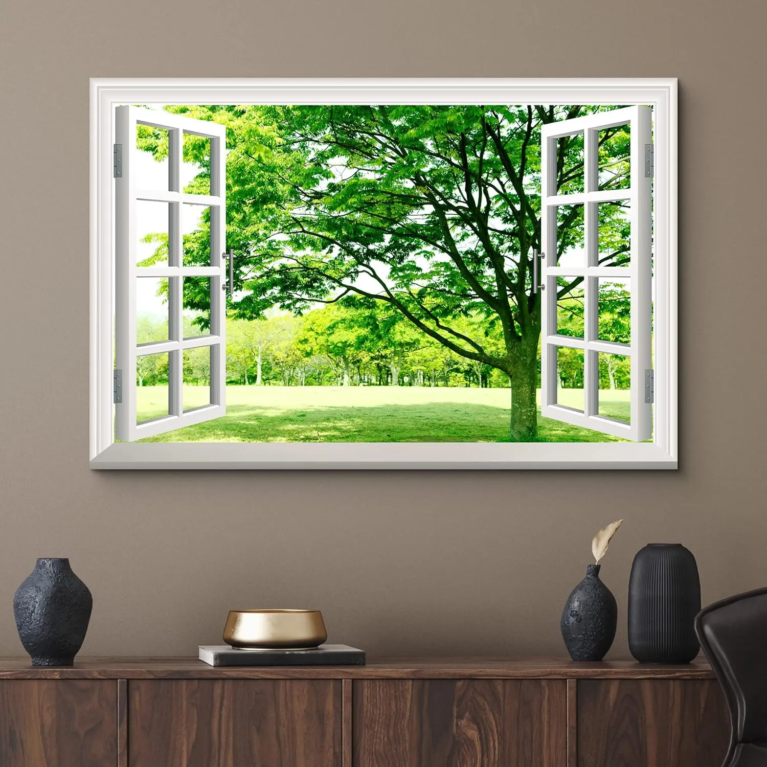 wall26 Canvas Print Wall Art Window View of Field of Green Flowers Nature Wilderness Photography Realism Rustic Scenic Colorful Relax/Calm Ultra for Living Room, Bedroom, Office - 24"x36"